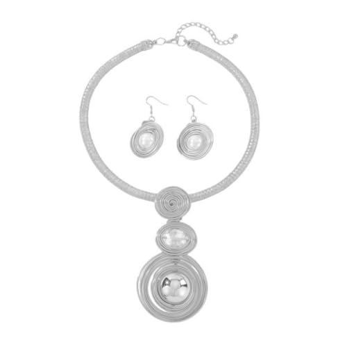 Large Spiral Pearl Rhinestone Pendant Necklace Earring Set for Women Handmade Chunky Statement Collar Choker Fashion Ethnic Tribal Wire Wrapped Adjustable Rope Chain Banquet Party Dress Jewelry - color: Silver