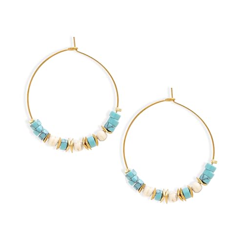 Natural Stone Beaded Hoop Earrings for Women, Boho Handmade Lightweight Hypoallergenic Trendy Summer Beach Accessories Fashion Jewelry Gift - color: Teal