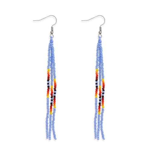 Native Long Beaded Tassel Earrings for Women, Boho Handmade Colorful Beads Statement Dangle Earing Prom Jewelry Gift. - color: Aquamarine