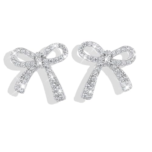 Rhinestone Bow Earrings for Women, Elegant Bridal Jewelry Statement Drop Dangle Earrings, Wedding Guest Dress Matching Accessories, Bridesmaid Gift, Sparkling Party Costume Outfit - color: A2:Silver Bow Stud Earrings