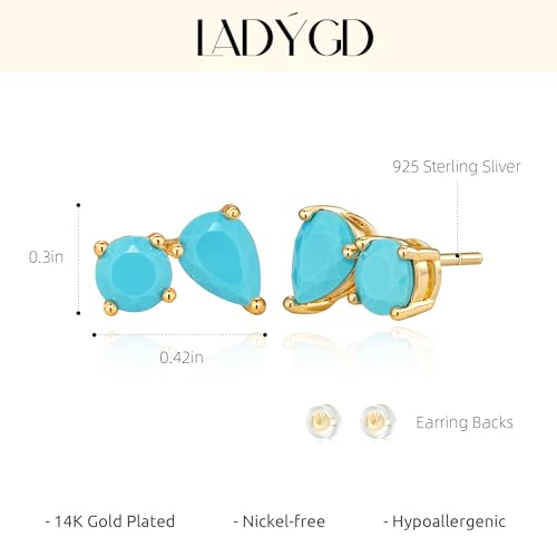 Turquoise Stud Earrings for Women, 14K Gold Plated Created Gemstone Minimal Design Everyday Boho Jewelry Gifts - style: Round Teardrop