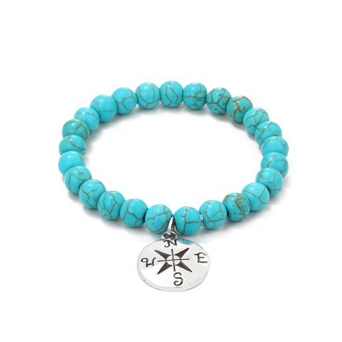 Turquoise Bracelet for Women, 8mm Beaded Stretchable Unisex Bracelet, Boho Turquoise Bead Bracelet Stone Beaded Bracelets Turquoise Jewelry for Women - color: Compass