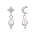 Pearl Earrings for Women 14K Gold Freshwater Pearl Hoop Earring Dangle Drop Wedding Earrings Bridal Bridesmaid Jewelry Gifts for Women - color: Silver Moon & Star Pearl Earrings