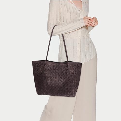 Women's Luxury Handmade Woven Tote Bag, Beach Bag Set, Elegant Age Reducing Travel Commuter Bag Set - color: Frosted Material 14# Khaki