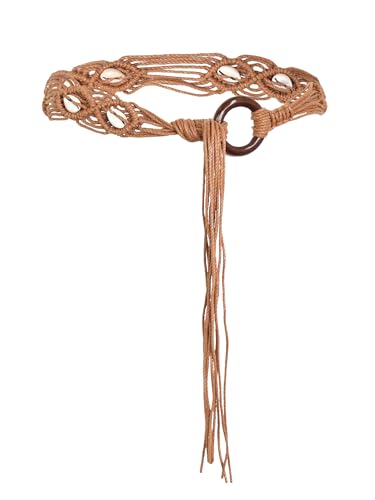 TeeYee Women's Waist Belt Adjustable Boho Style Handwoven Bohemia Tassel Rope Tie with Wooden Beads Braided Chain for Dress - color: 269tan
