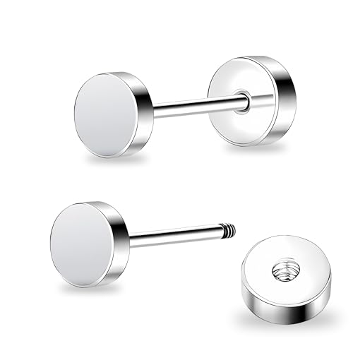 ZDE Women Earrings Flat Back Dot Earrings Titanium Hypoallergenic Cartilage Non-Nickel Earrings Studs for Sensitive Ears Simple Classic 3mm/4mm/5mm/6mm Screw On Stud Earring - color: Silver, size: 6MM