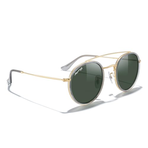MERRY'S Retro Round Polarized Sunglasses - Unisex Double Bridge Sun Glasses - color: Tra Gray Frame/Gold Bridge/G15 Lens