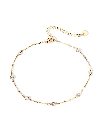 PAVOI 14K Gold Plated Anklet for Women - Trendy Link Chain Ankle Bracelet Summer Jewelry - Boho Dainty Anklets with Cubic Zirconia, Beaded, Evil Eye, Star, Station, Pearls Adjustable Gold Jewelry - style: Station
