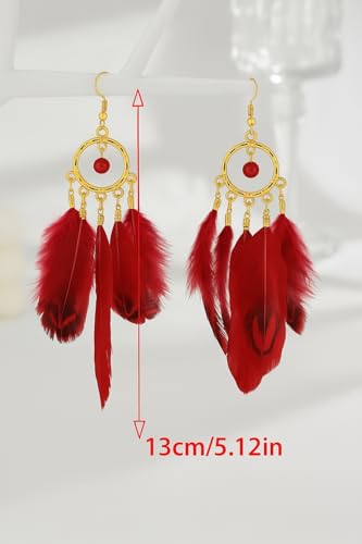 Feather Earrings for Women, Boho Long Brown Gold Dangle Drop Earrings, Handmade Statement Vintage Western Style Lightweight Trendy 2026 Fancy Unique Jewelry Gift - color: Red