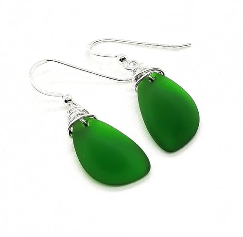 Popular Recycled Sea Glass Earrings on Sterling Silver Hooks - color: Green 2