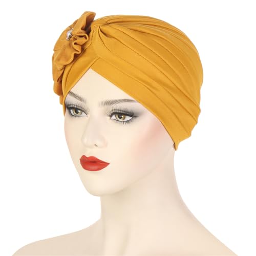 Flower Turban Hats for Women - Ruffle Bead Stretch Solid Caps Chemo Cancer Pre Tied Headscarf Headwear - color: Yellow