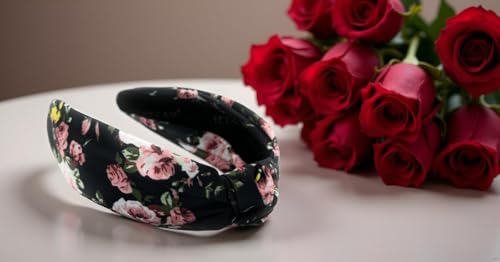 Autumn Headbands for Women Satin Black Rose Floral Warable All Day, Colorful, Silk Feel, Fall Womens Knotted Headband Fashion Designer Top Knot Girls Hair Head band - color: Black Floral Rose F