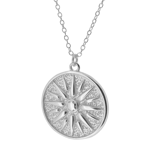 NewZenro Vintage Sun Embossed Round Disc Pendant Necklace for Women Dainty Minimalist S925 Sterling Silver 18K Gold Plated Link Choker Necklaces Adjustable Chain Fashion Trendy Jewelry for Her Bff - color: Silver