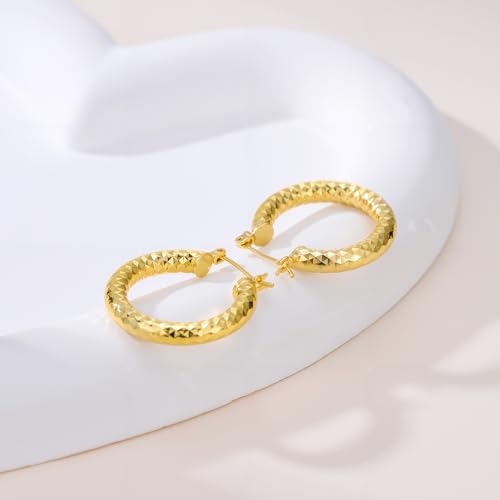 Gold Plated Hoop Earrings for Women 14K Gold Plated Earrings for Women Hypoallergenic Lightweight Wrinkle Texture Earrings Womens 20mm/25mm/30mm - size: 20mm