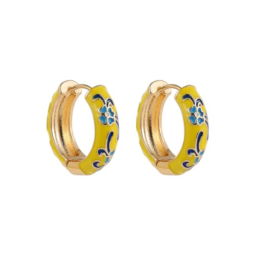 Vintage Enamel Flower Small Hoop Earrings Retro Elegant Flowers Earrings Colorful Flower Hoop Earring - color: Yellow