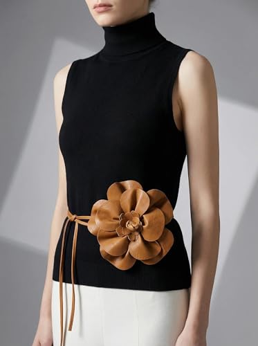 Boho Big Flower PU Leather Waist Belt Chain for Women Rose Floral Camellia Long Tassel Adjustable Waist Band Jewelry - color: Light Camel