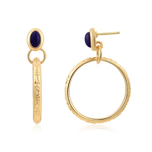 Natural Turquoise Gemstone Birthstone Stud Earrings with Circle Dangle Hoop Earrings Boho style for Vintage Western Jewelry - color: Gold and Blue
