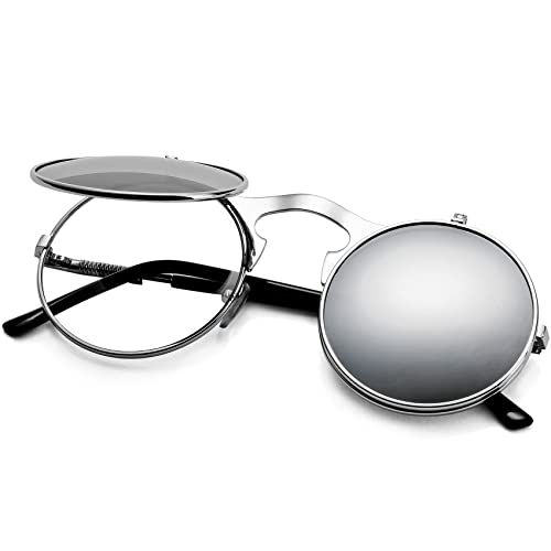 AIEYEZO Round Flip Up Sunglasses for Men and Women Rave Flip Glasses 90's Retro Steampunk Style - color: Silver/Siver Mirror