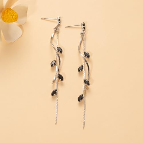 Temperament Long Zircon Tassel Earrings for Women Charm Jewelry Sparkling Crystal Leaves Twist Dangle Earrings for Friends - color: Silver-Black Leaves