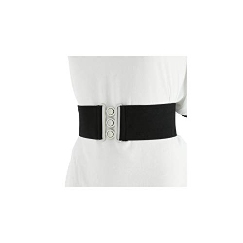 FASHIONGEN - Wide Waist Elasticated Woman Belt Made in France, GLORIA - color: Black (Silver Buckle), size: XL / waist size 34 to 36