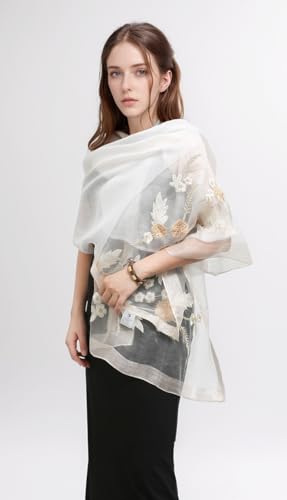 Jeelow Silk Blend Floral Fashion Scarf Shawl Wrap Lightweight Sheer For Women Floral Embroidery Wedding Party Prom - color: Beige Floral