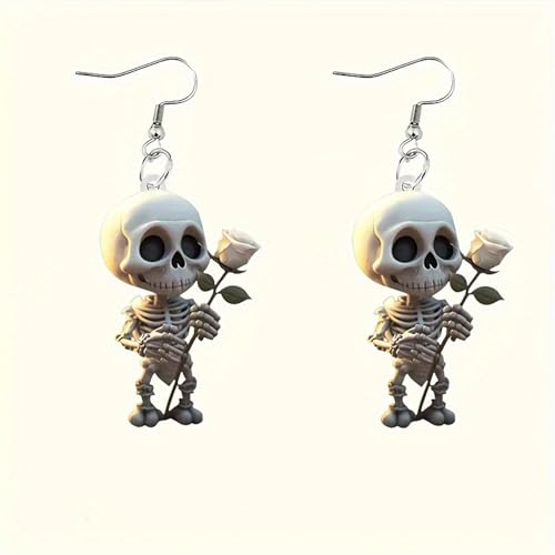Halloween Skeleton Earrings for Women – Cute Spooky Skull Dangle Earrings with Red Rose, Gothic Creepy Cute Acrylic Statement Jewelry - color: Romantic Skeleton with White Rose