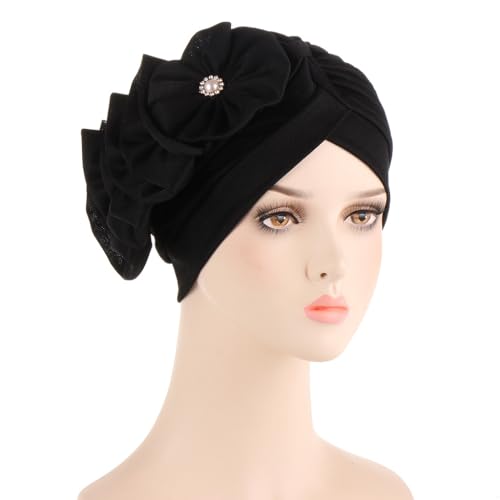 Flower Turban Hats for Women - Ruffle Bead Stretch Solid Caps Chemo Cancer Pre Tied Headscarf Headwear - color: Black