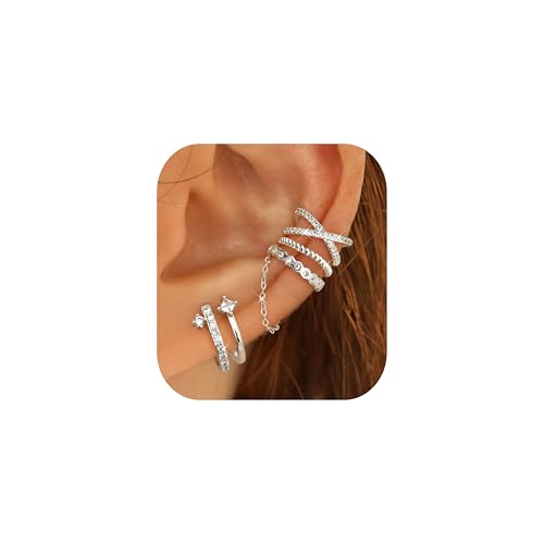 Florideco 4 PCS Ear Cuffs Non Piercing Hypoallergenic 14K Gold Plated Ear Cuff Earrings for Women Trendy CZ Clip On Cartilage Earring Set Dainty Adjustable Fake Piercings Earrings - color: Cross CZ: Silver Plated