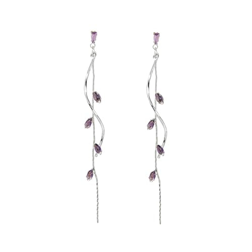 Temperament Long Zircon Tassel Earrings for Women Charm Jewelry Sparkling Crystal Leaves Twist Dangle Earrings for Friends - color: Silver-Purple Leaves