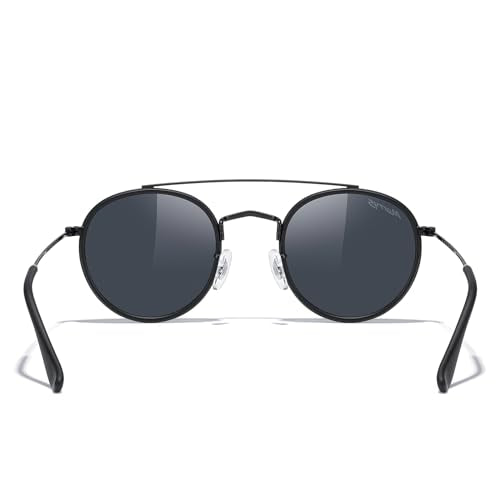MERRY'S Retro Round Polarized Sunglasses - Unisex Double Bridge Sun Glasses - color: Matte Black Frame/Matte Black Bridge/Black Lens