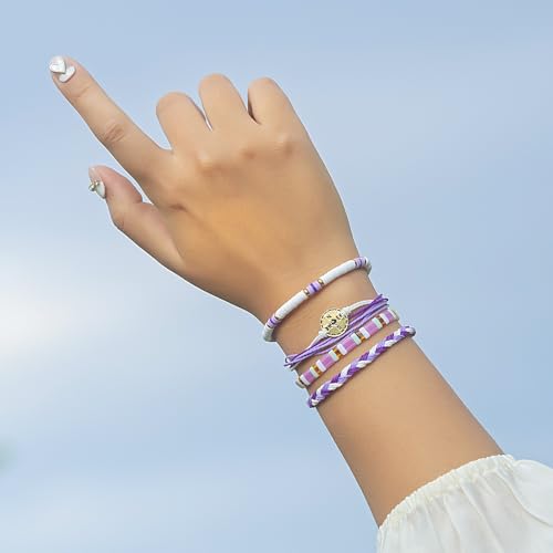FANCY SHINY Boho Nautical Compass String Bracelets Beaded Clay Beads Bracelet Stackable Friendship Bracelets Summer Beach Outfits for Women Girls - color: Purple