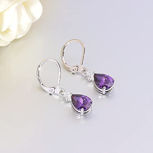 CiNily Teardrop Leverback Dangle Earrings for Women Hypoallergenic 14K Gold Plated Cubic Zircon Drop Earrings Fashion Crystal Earrings for Girls Jewelry Christmas Gifts - color: White Gold-Purple CZ