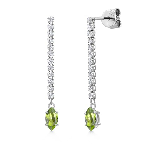 Gem Stone King 14K White Gold Gemstone Birthstone and White Lab Grown Diamond Long Liner Dangle Earrings for Women | Marquise 6X3MM | White Gold Chain Drop Earrings - style: Peridot, August