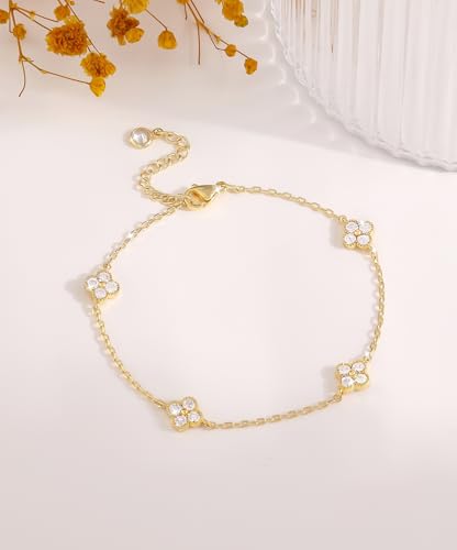 Dainty Silver Gold Bracelets for Women Trendy Non Tarnish 14K Gold Plated Cute Clover Bracelet Stackable Daisy Cubic Zirconia Diamond Charm Bracelet Stack Waterproof Jewelry Gifts - color: 01- Dainty Bracelet- Gold