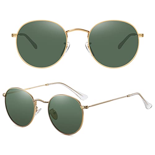 MEETSUN Round Polarized Sunglasses for Women Men Classic Retro Metal Frame Sun Glasses UV Protection - color: Gold/Dark Green
