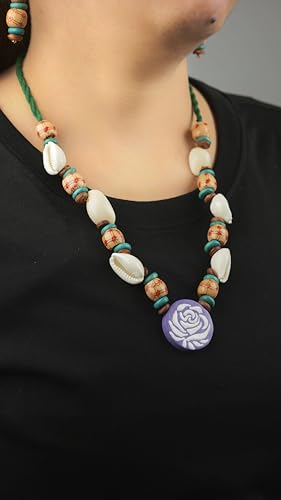 Natural Wood and Terracotta Beaded Statement Set, Bohemian Floral Pendant Necklace with Matching Earrings, Cowrie Shell Fashion Jewelry for Women, Perfect Mother’s Day Gift for Mom, Unique Valentine Gift for Her