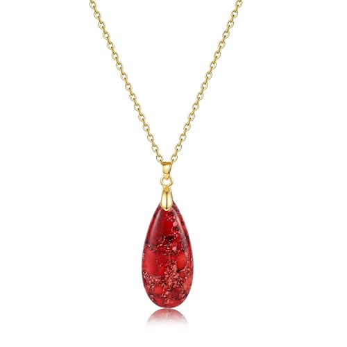 Joya Love 14K Gold Plated Healing Stone Teardrop Pendant Necklace for Women, Waterproof Stainless Steel Chain, Colorful Natural Stone Look, Boho Spiritual Jewelry Gift - color: Red -Gold