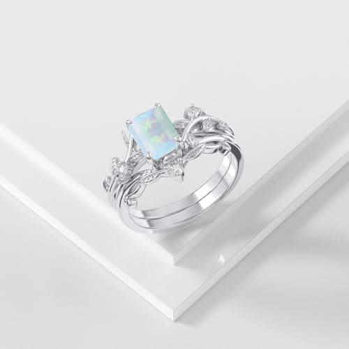 Natural Moss Agate Ring for Women 925 Sterling Silver Pear/Oval/Kite/Heart/Hexagon/Emerald/Coffin Cut Green Leaf Moss Agate Engagement Ring Promise Bridal Set Anniversary Birthday Jewelry Gifts - color: Emerald Cut Opal