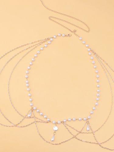 MODRSA Silver Gold Belt Chain Belt for Women Fashion Plus Size Pearl Waist Chains Metal Layered Gold Belts Chains no Tarnish Trendy Pirate Belly Belts for Women Dress Sun Moon Star Waist Jewelry - color: A1- Pearl - gold