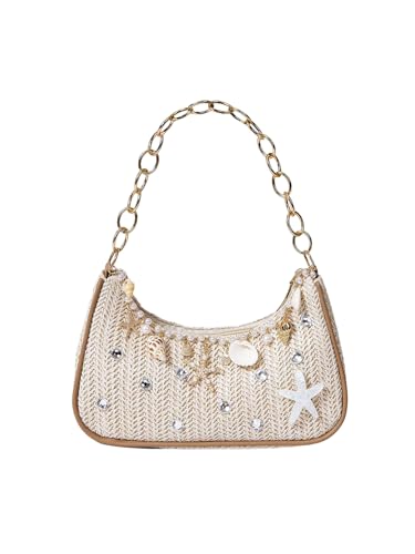 MakeMeChic Women's Straw Beach Purse Seashell Beaded Shoulder Handbags Summer Vacation Bags - color: Multicolor Rhinestone
