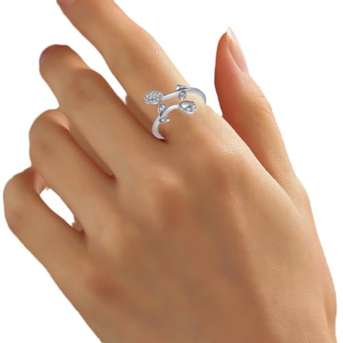 Adjustable Women's Cubic Zirconia Leaf Shaped Ring, 18K Gold-Plated Exquisite Stackable Women's Ring, A Great Gift for Her - color: K