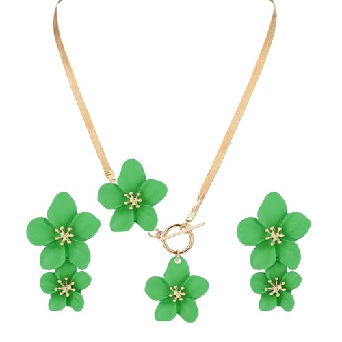 WCRAZYE Gold Flower Earrings Necklace Set for Women Boho Summer Daisy Floral Statement Earrings Brides Wedding Guest Dresses Jewelry - color: Green