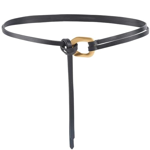 Genuine Leather Double Strap Tie Belt Adjustable Brown Cowhide Skinny Waistband - color: Black