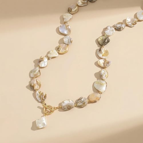 Chunky Shell Choker Necklace for Women, Irregular Shell Beaded Necklace with Faux Pearl Pendant, Boho Beach Jewelry for Summer Vacations, Gold Tone T-Bar Toggle Clasp Statement Necklaces