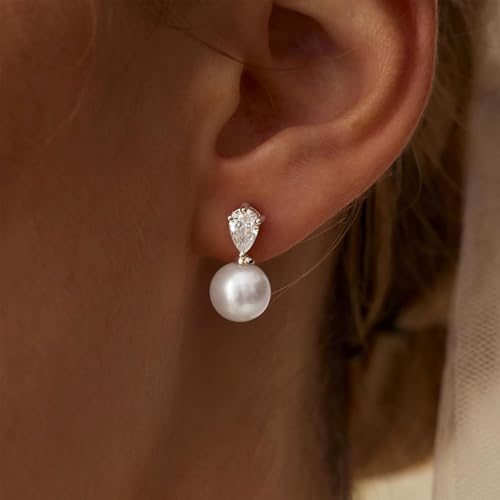 Pearl Earrings for Women, Dainty Wedding Bridal Earrings 14k Gold Plated CZ Pearl Drop Earrings for Women Trendy Hypoallergenic Unique Gold Drop Earrings Fashion Prom Jewelry - color: Silver-A