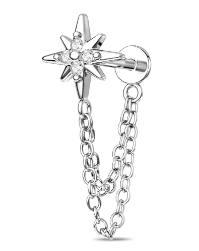 OUFER 16G Chain Cartilage Piercing Jewelry-316L Surgical Steel Gold Flat Back Push Pin Helix Earring, Star Clear CZ Double Chain Lobe Piercing Jewelry - style: Star-Silver