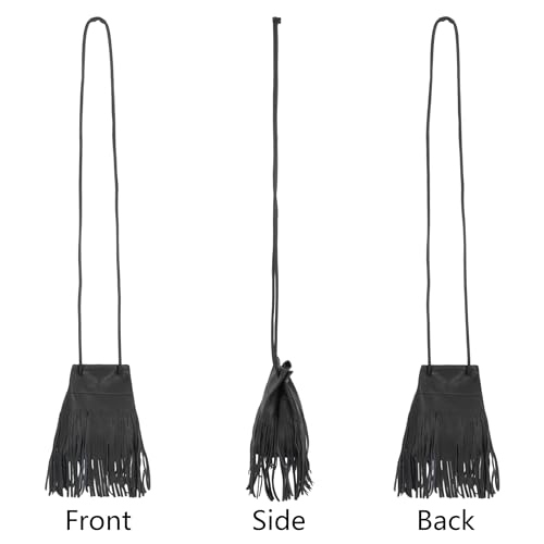Women Leather Fringe Messenger Bag Mini Hobo Crossbody Tassel Shoulder Bags - color: Solid-black
