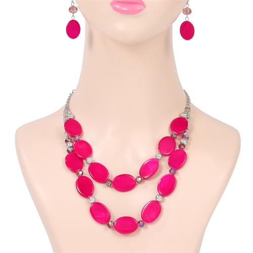 2 Layered Chunky Beaded Shell Necklace for Women Sea Shell blue/yellow/red/green/turquoise/teal/white Statement Necklace and Earring Set Elegant Women Necklace Set Jewelry Sets for Women - color: fuchsia pink