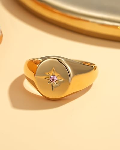YeGieonr Non Tarnish Gold Rings for Women, Waterproof Gold Signet Ring, 18K Gold Plated Stackable Rings for Everyday Wear - color: Oval North Star
