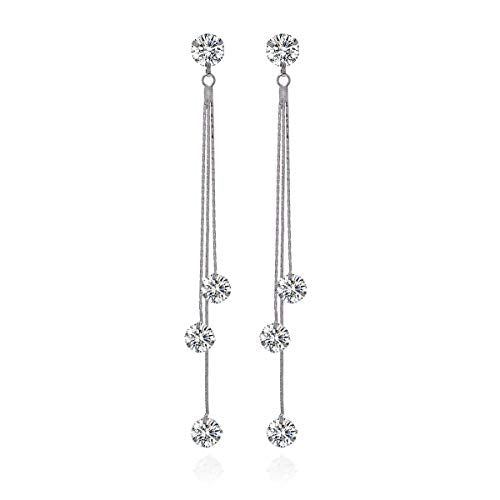 Long Chain Earrings for Women - Sterling Silver Cubic Zirconia CZ Crystal Bridal linear Dangle Drop Earrings for Wedding Girls Party Prom Hypoallergenic Costume Jewelry - color: 14k White Gold Plated